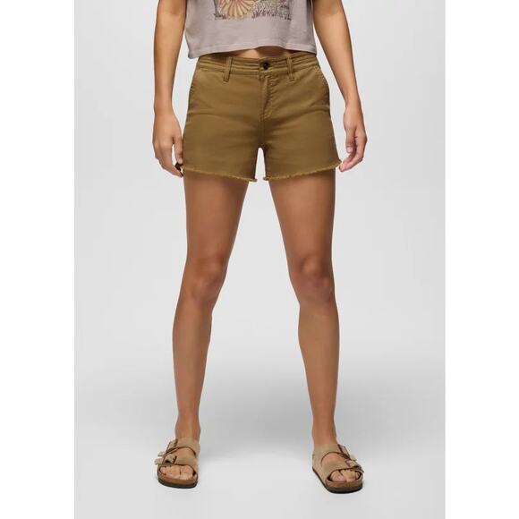 Prana Sancho Short 4" Womens 2 Retro Olive Mid Rise Garment Dyed Raw Hem Stretch - Picture 1 of 13